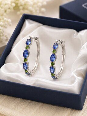 Kashmir Kyanite, Chrome Diopside Hoop Earrings in Rhodium Over Sterling Silver